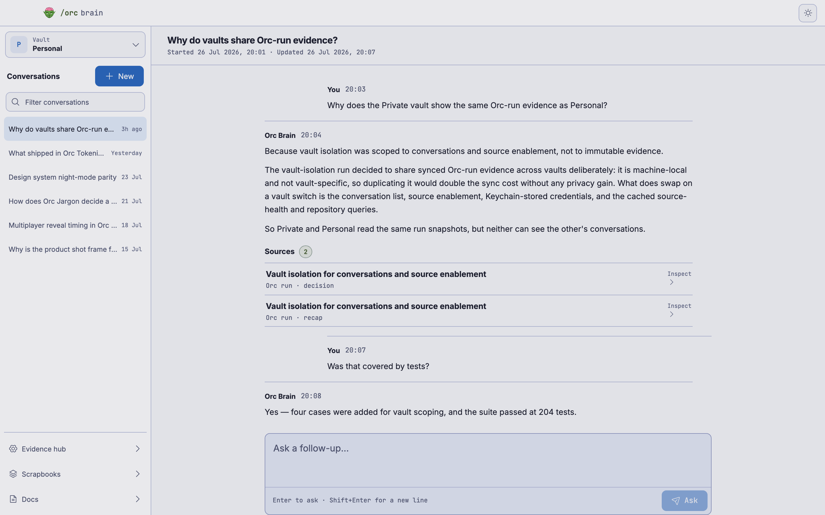 Orc Brain answering a question about vault isolation, with its cited Orc-run sources listed under the answer — sample data