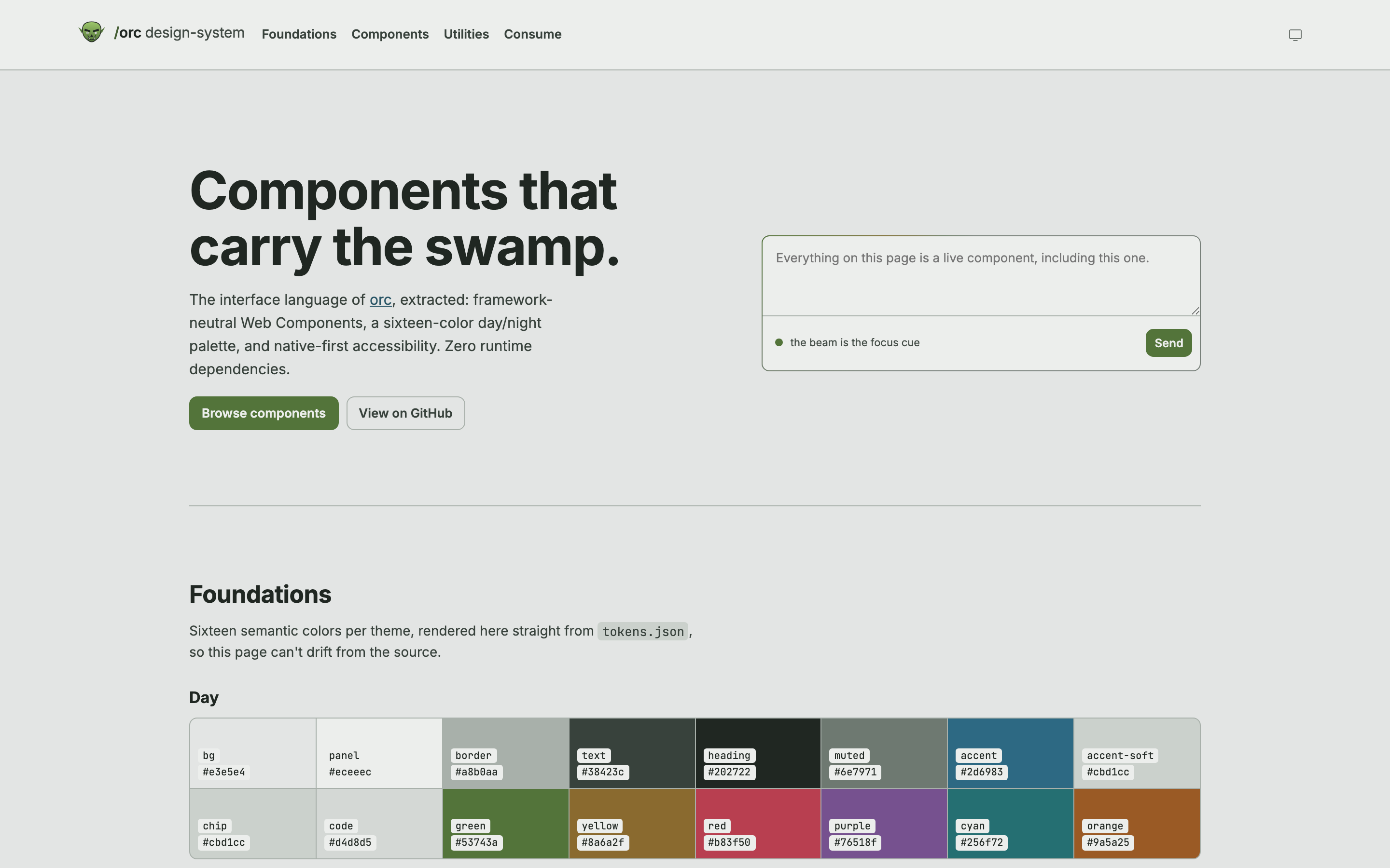 The Orc Design System site showing its component gallery and the sixteen-colour day palette rendered from tokens.json
