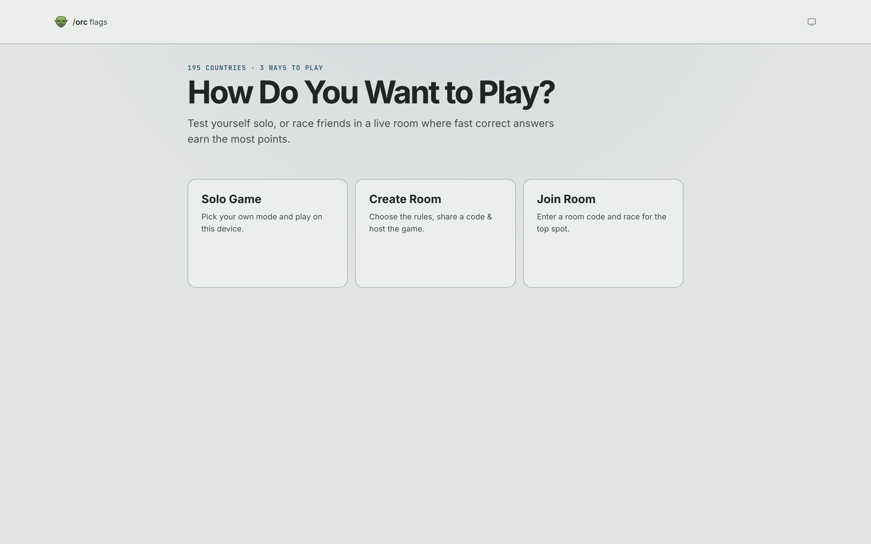 Orc Flags home screen offering solo game, create room, and join room