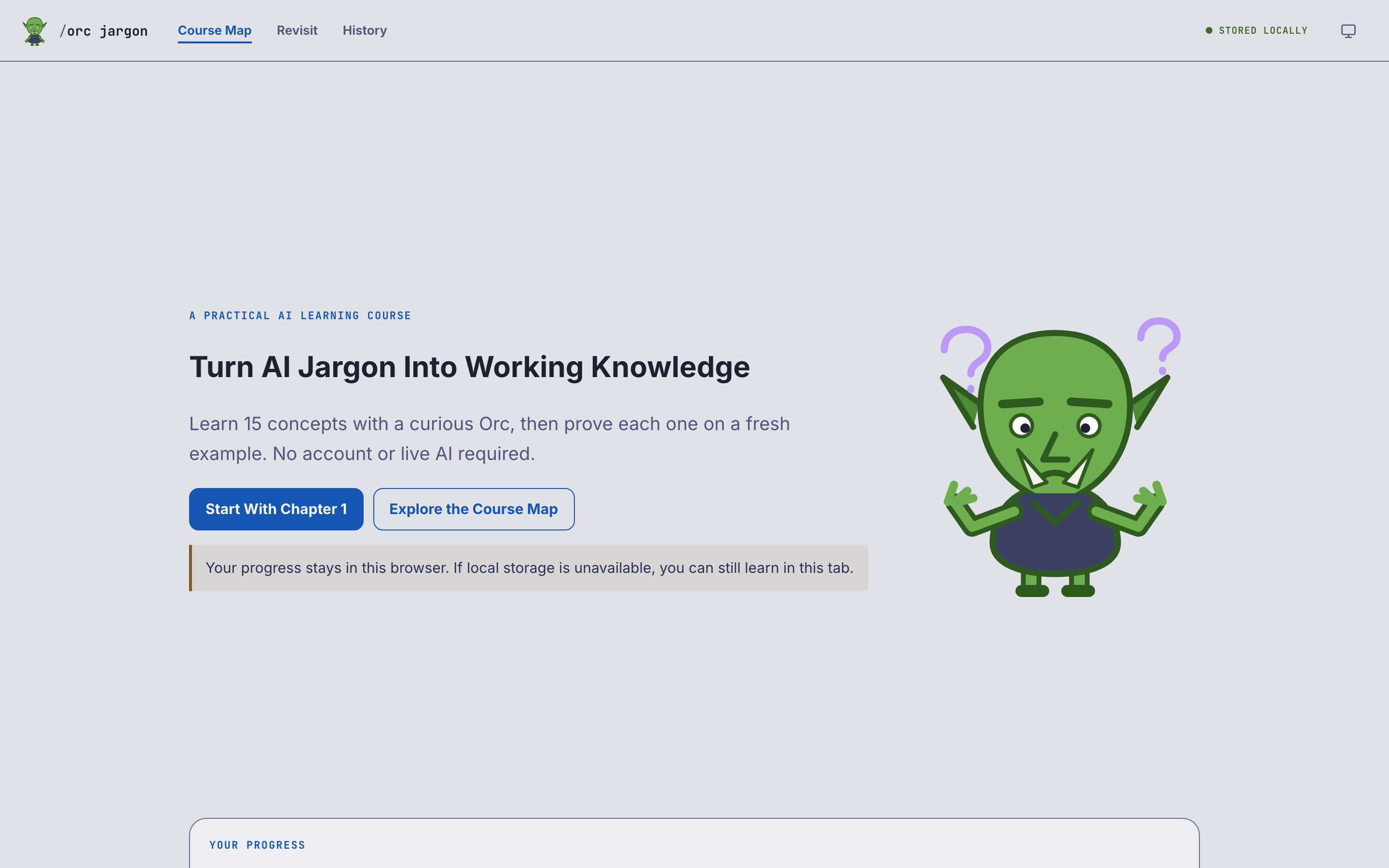 The Orc Jargon course home screen, with its chapter list and the Orc guide character
