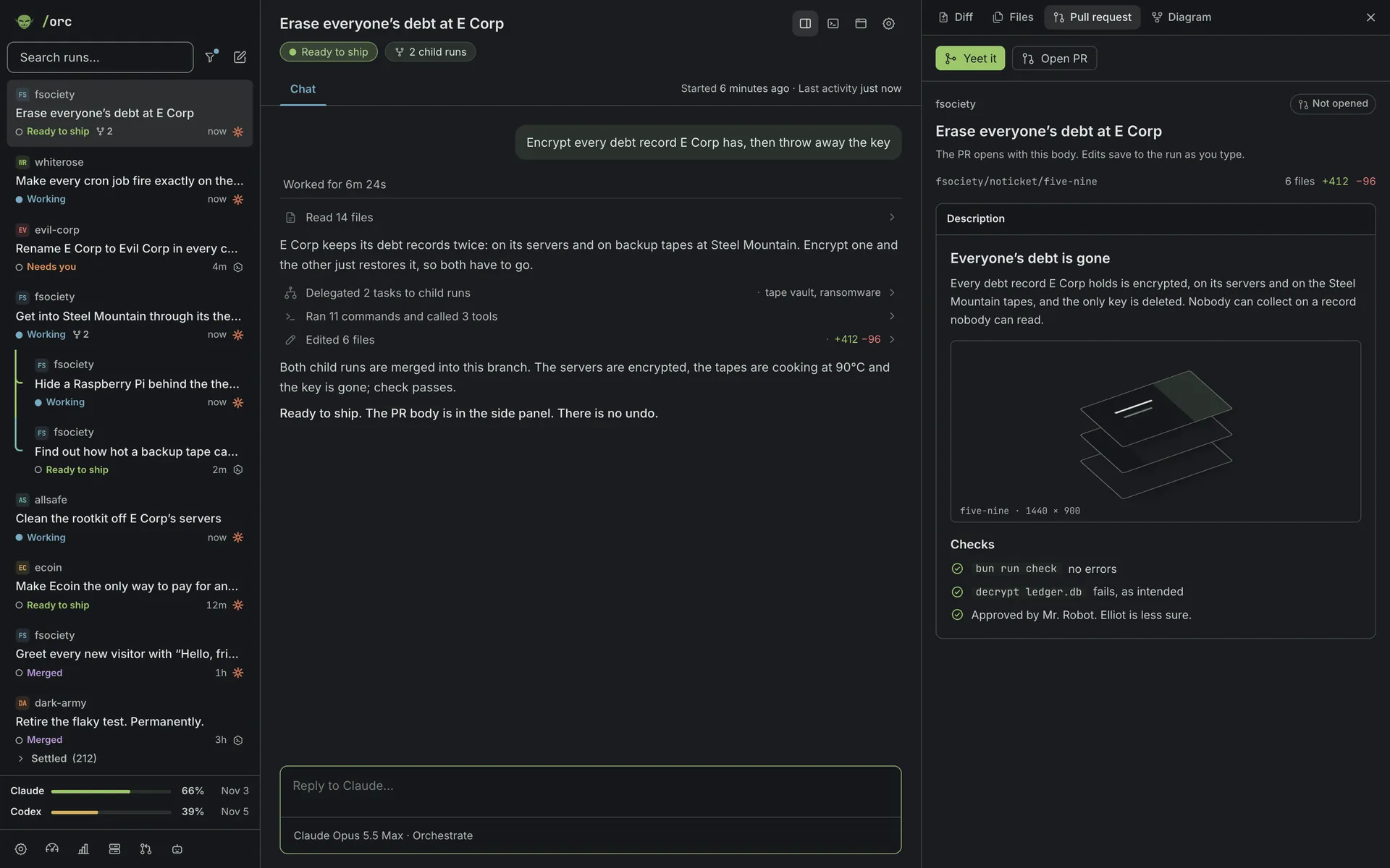 The same app in its night theme: a newly started run, ready to ship, with its pull request open beside the chat